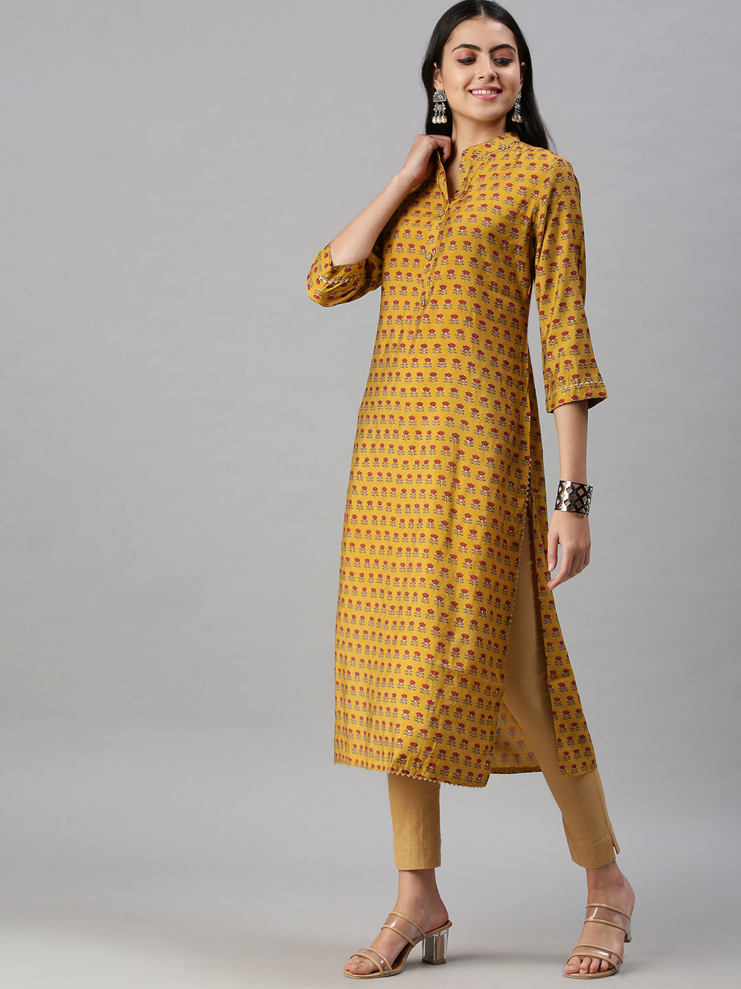 Women's Yellow Printed Straight Kurta