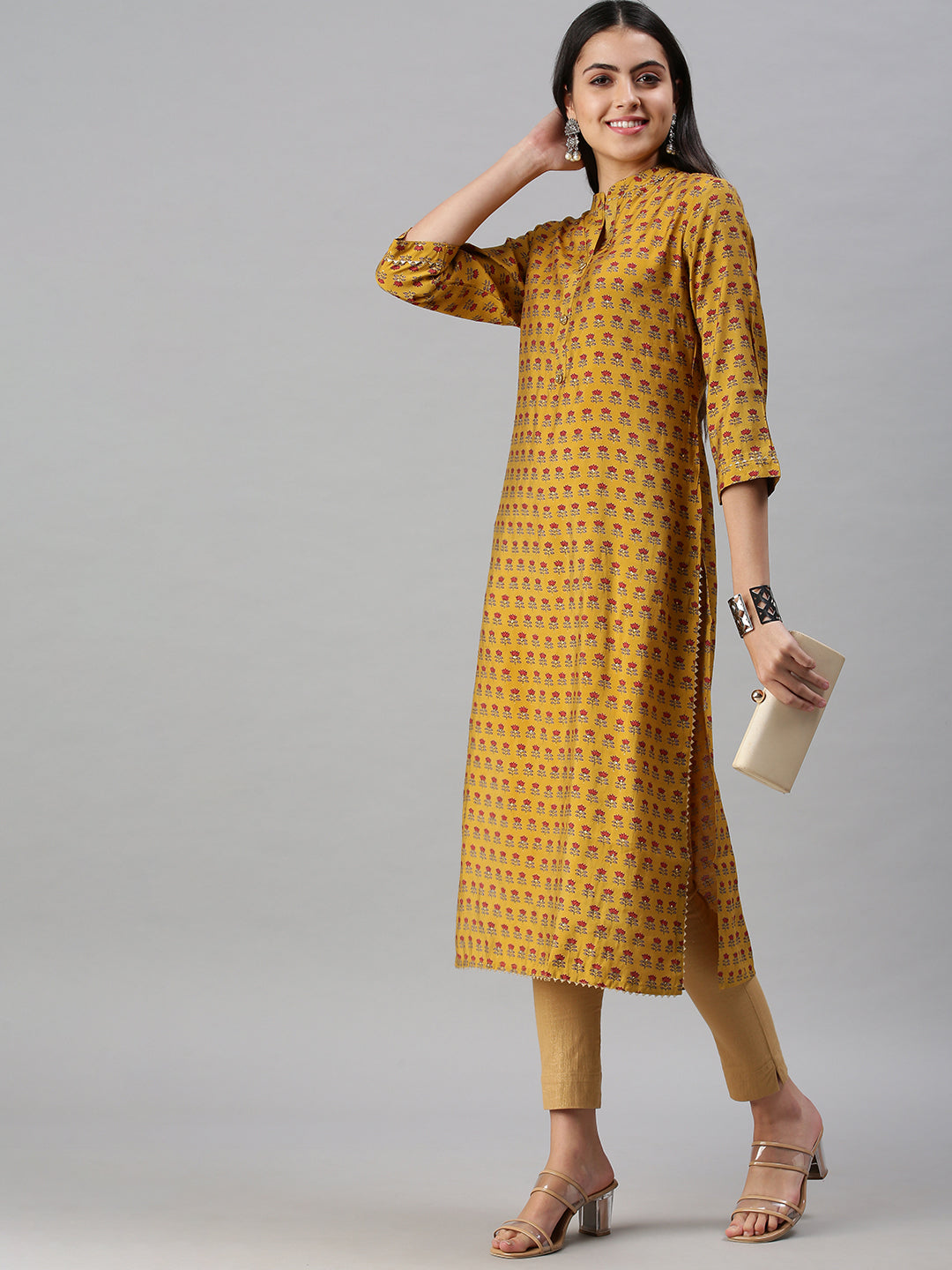 Women's Yellow Printed Straight Kurta