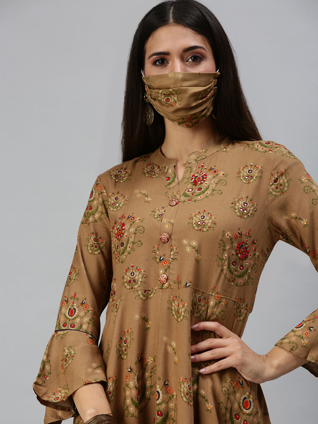 Women's Brown Printed Anarkali Kurta