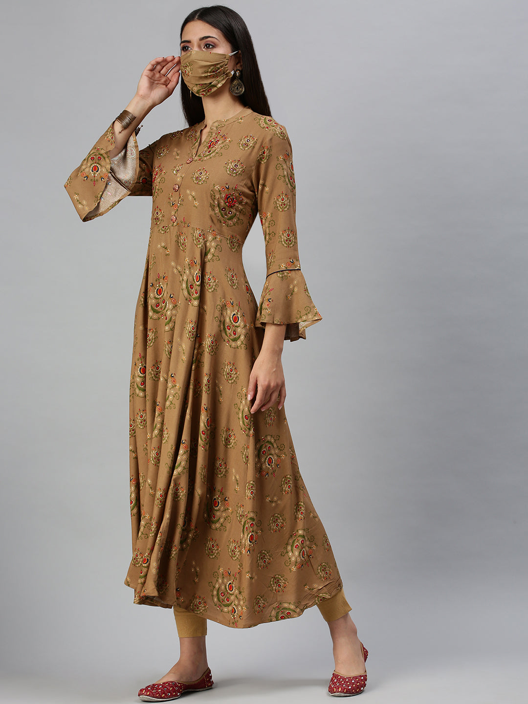 Women's Brown Printed Anarkali Kurta