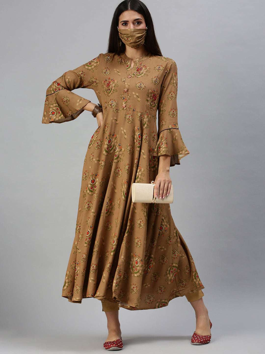 Women's Brown Printed Anarkali Kurta