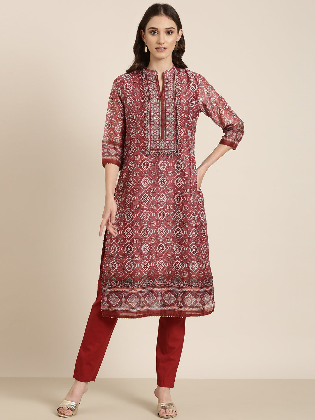 Women Maroon Printed Kurta Set