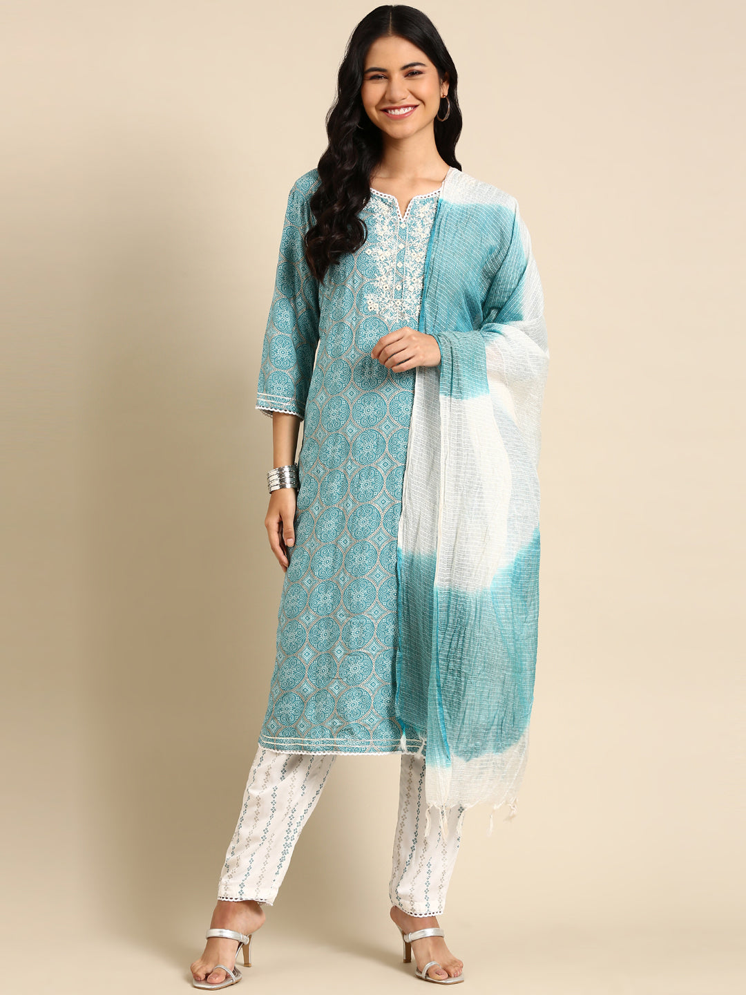 Women's Teal Printed Kurta Set