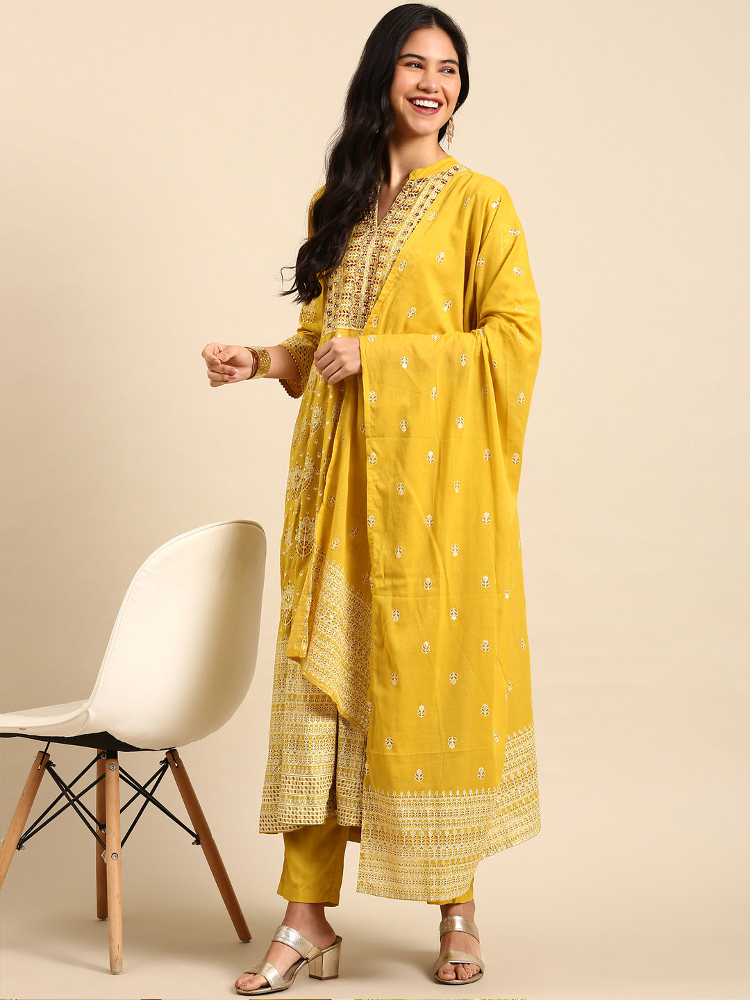 Women's Mustard Printed Kurta Set