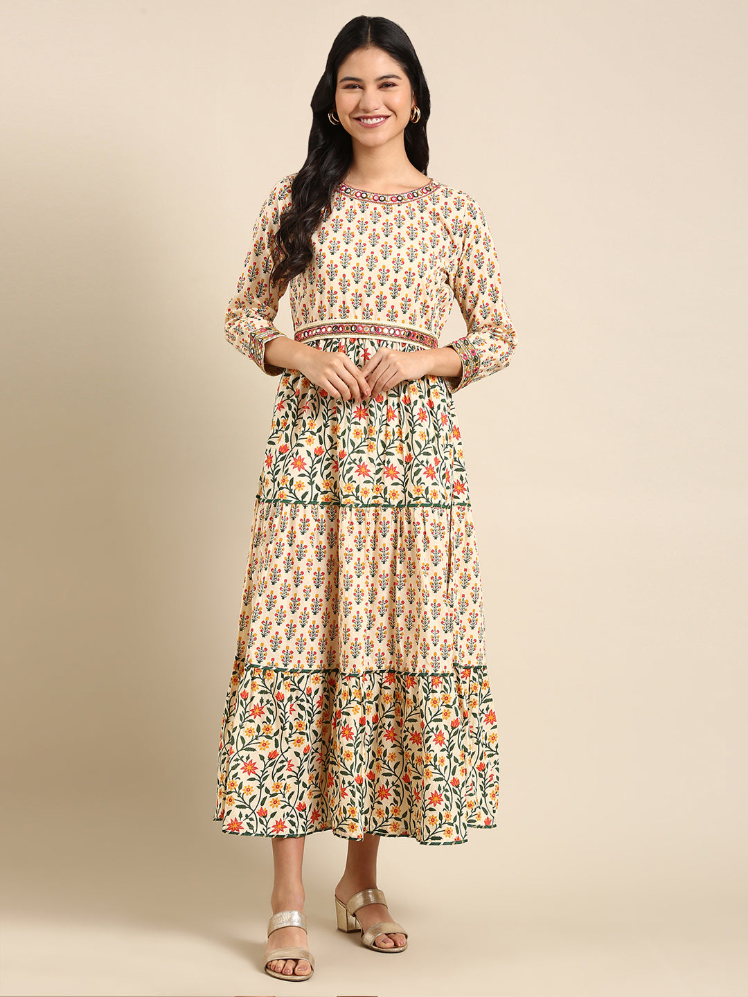 Women's Beige Printed Anarkali Kurta