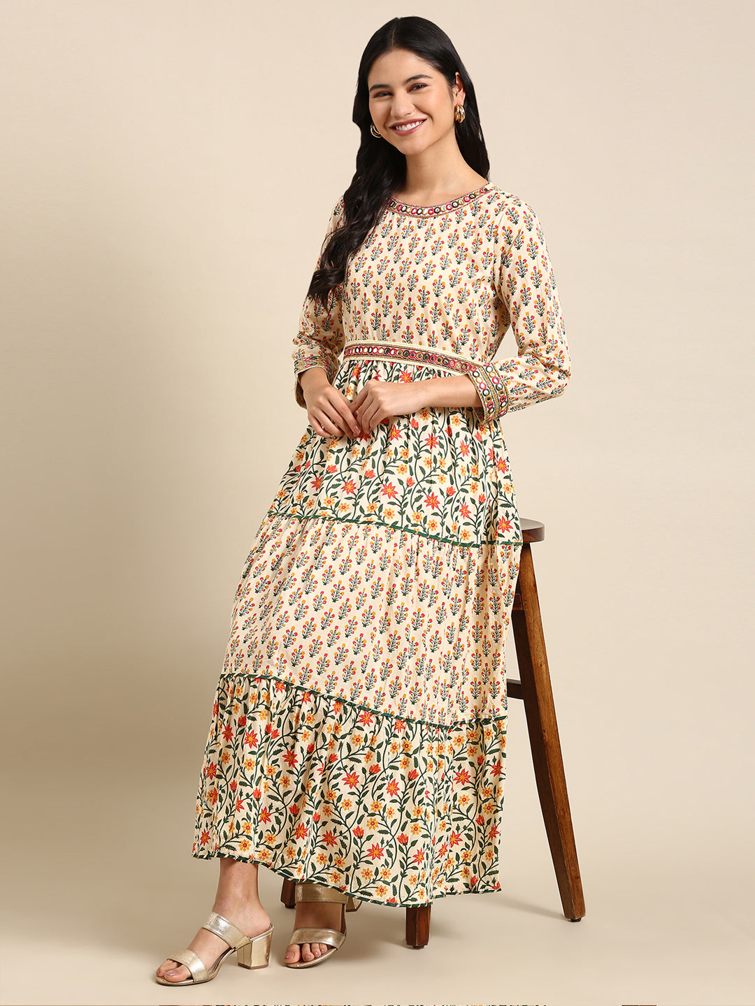 Women's Beige Printed Anarkali Kurta