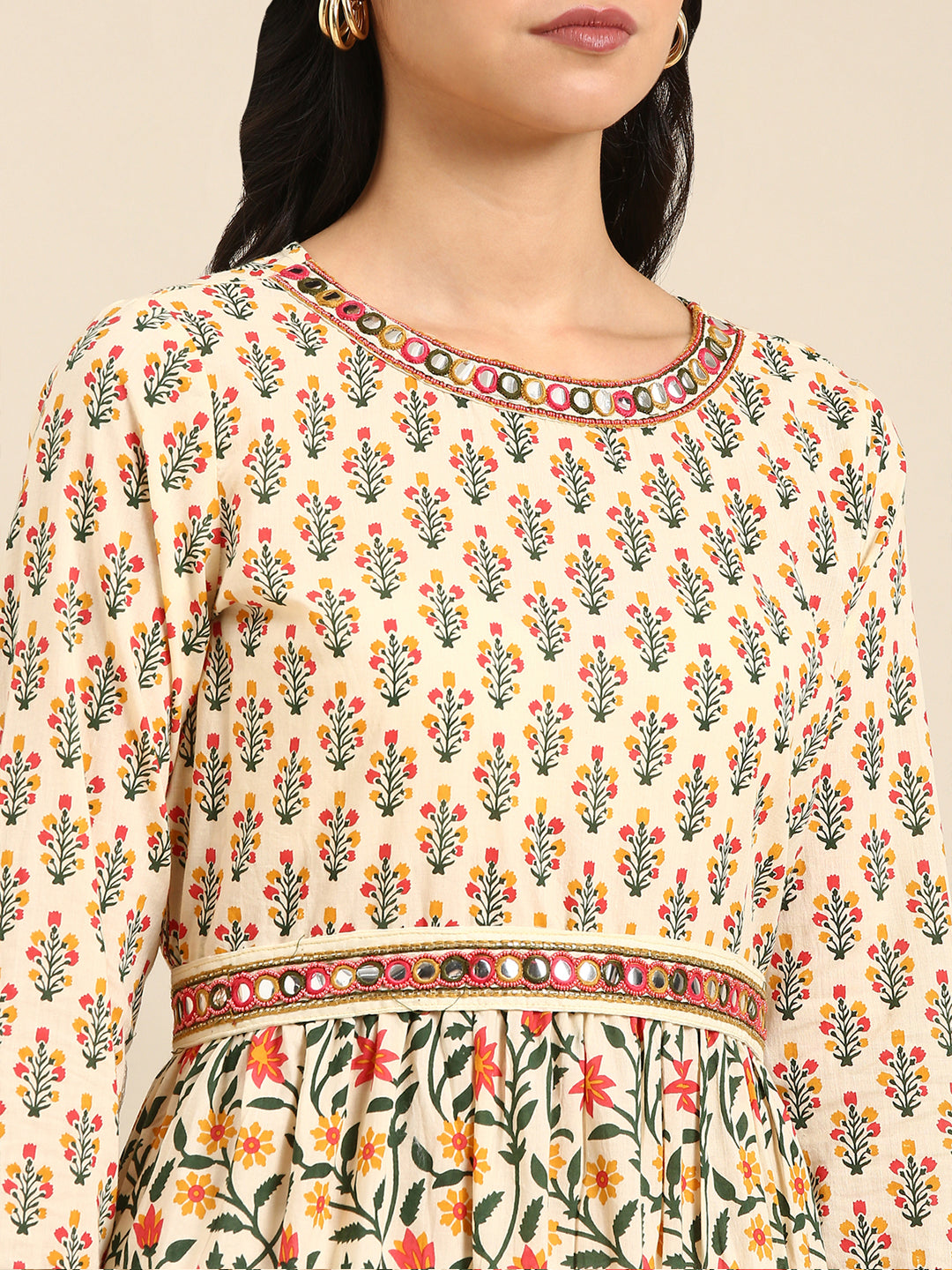 Women's Beige Printed Anarkali Kurta