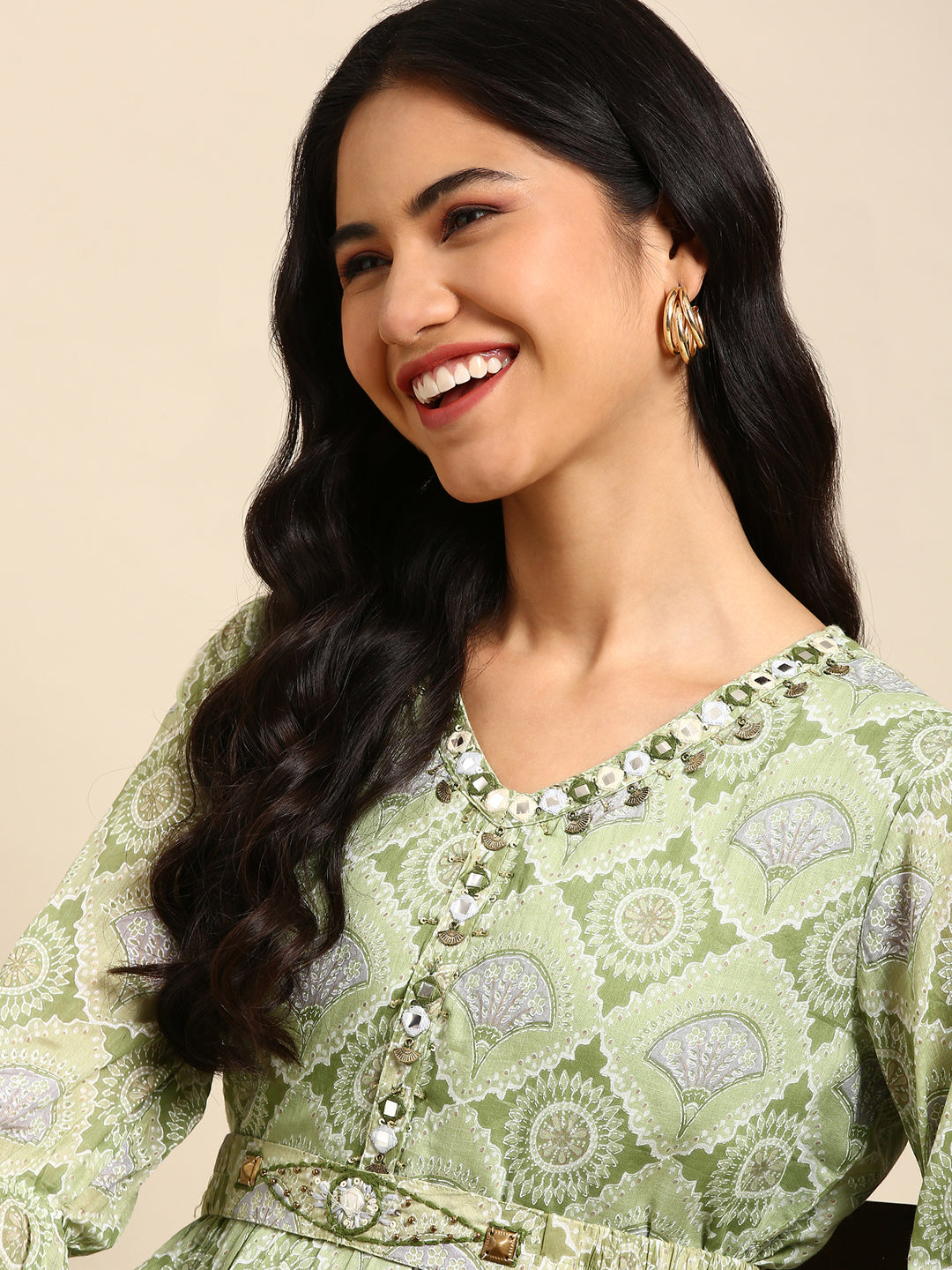 Women's Green Embellished Anarkali Kurta