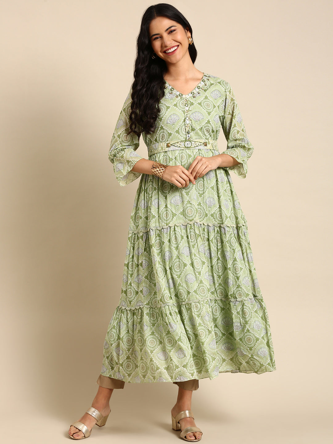 Women's Green Embellished Anarkali Kurta