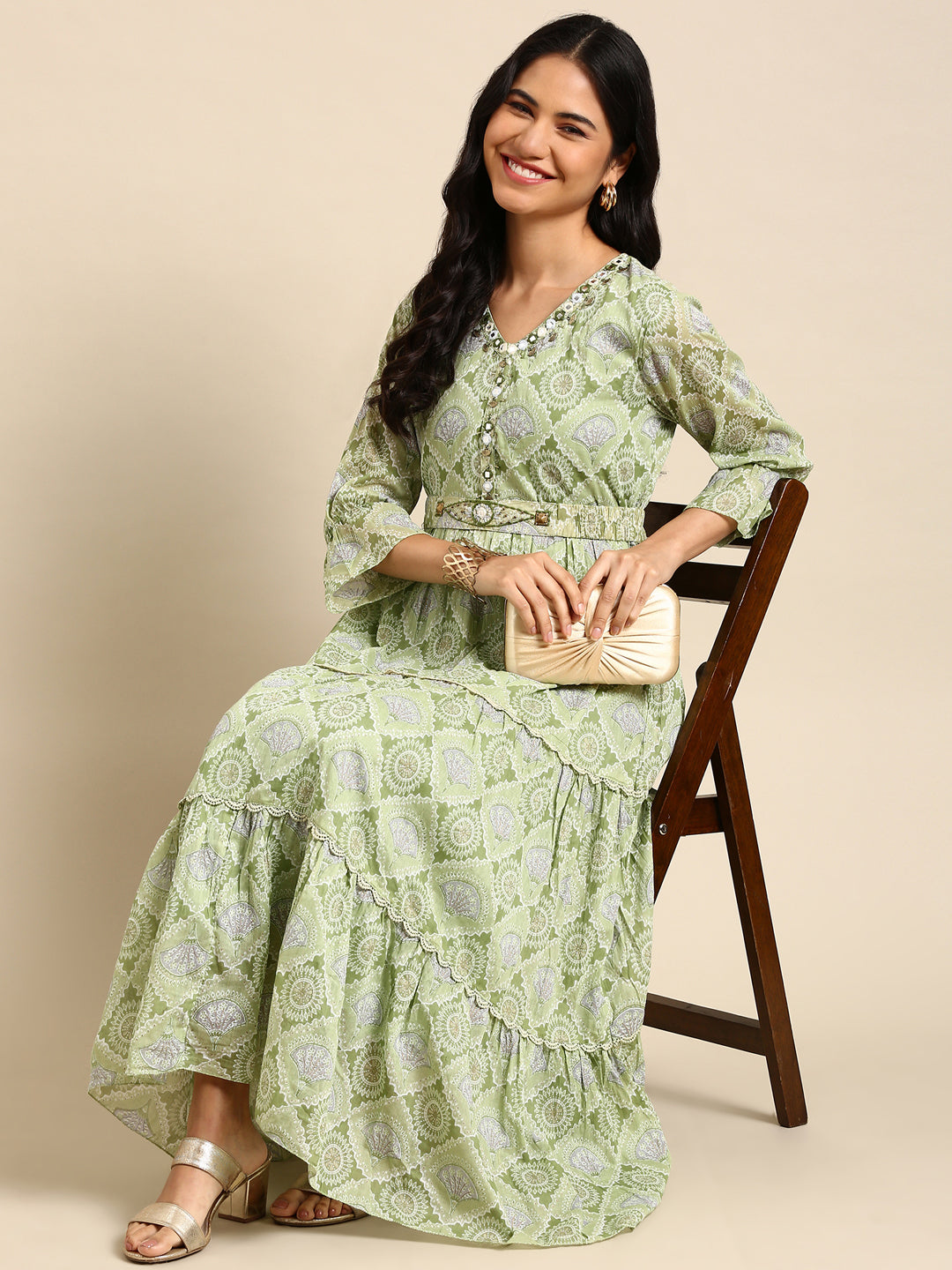 Women's Green Embellished Anarkali Kurta