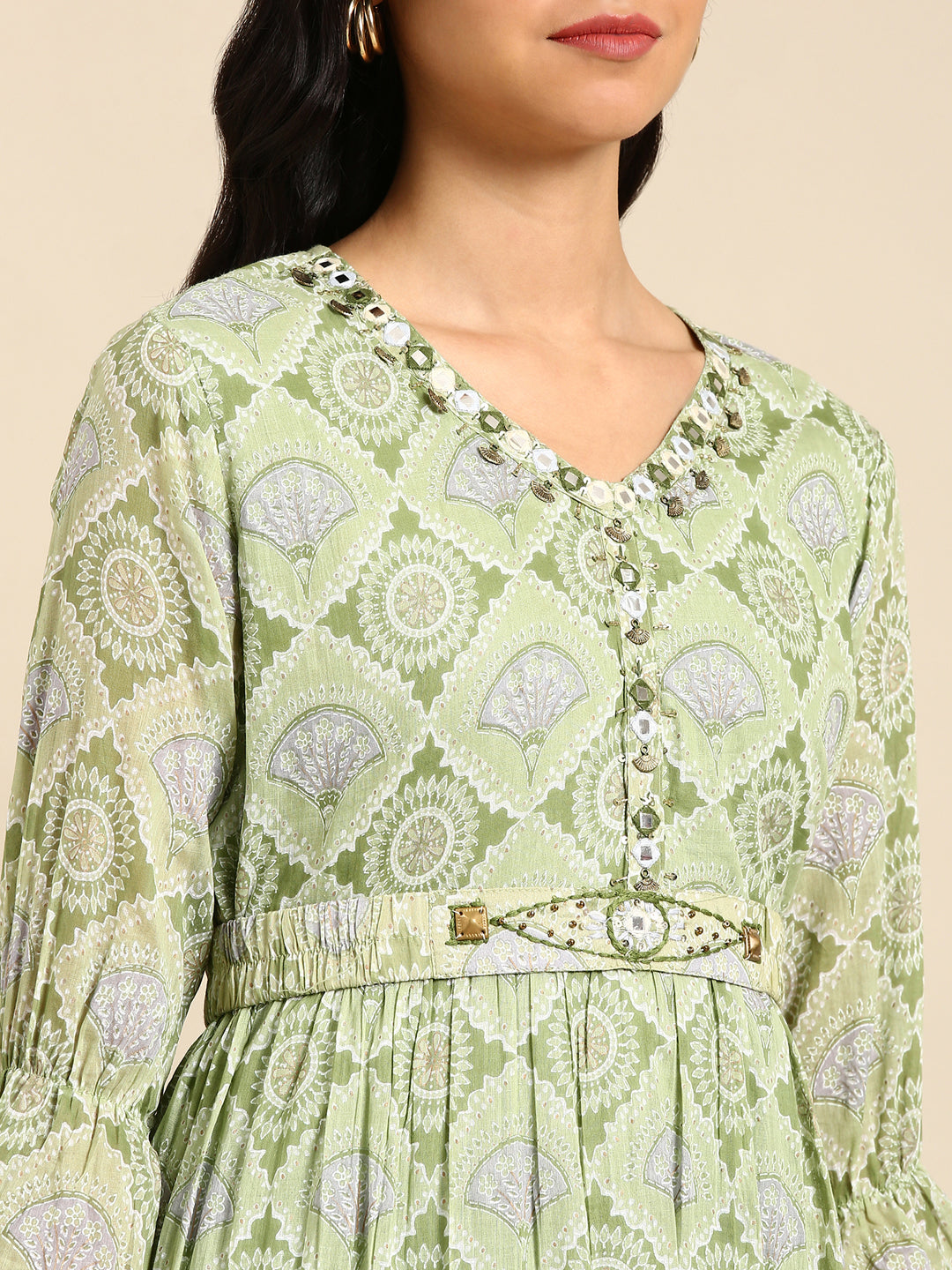 Women's Green Embellished Anarkali Kurta