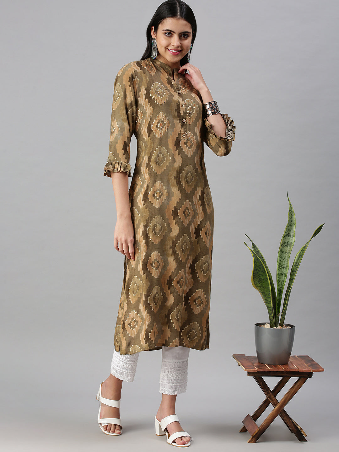 Women's Olive Printed Straight Kurta