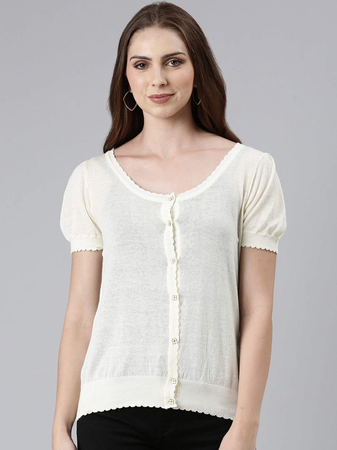 Scoop Neck Solid Puff Sleeves Regular Cream Top