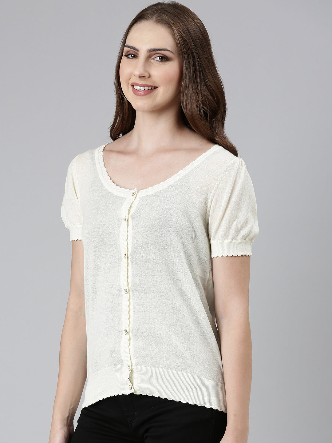 Scoop Neck Solid Puff Sleeves Regular Cream Top