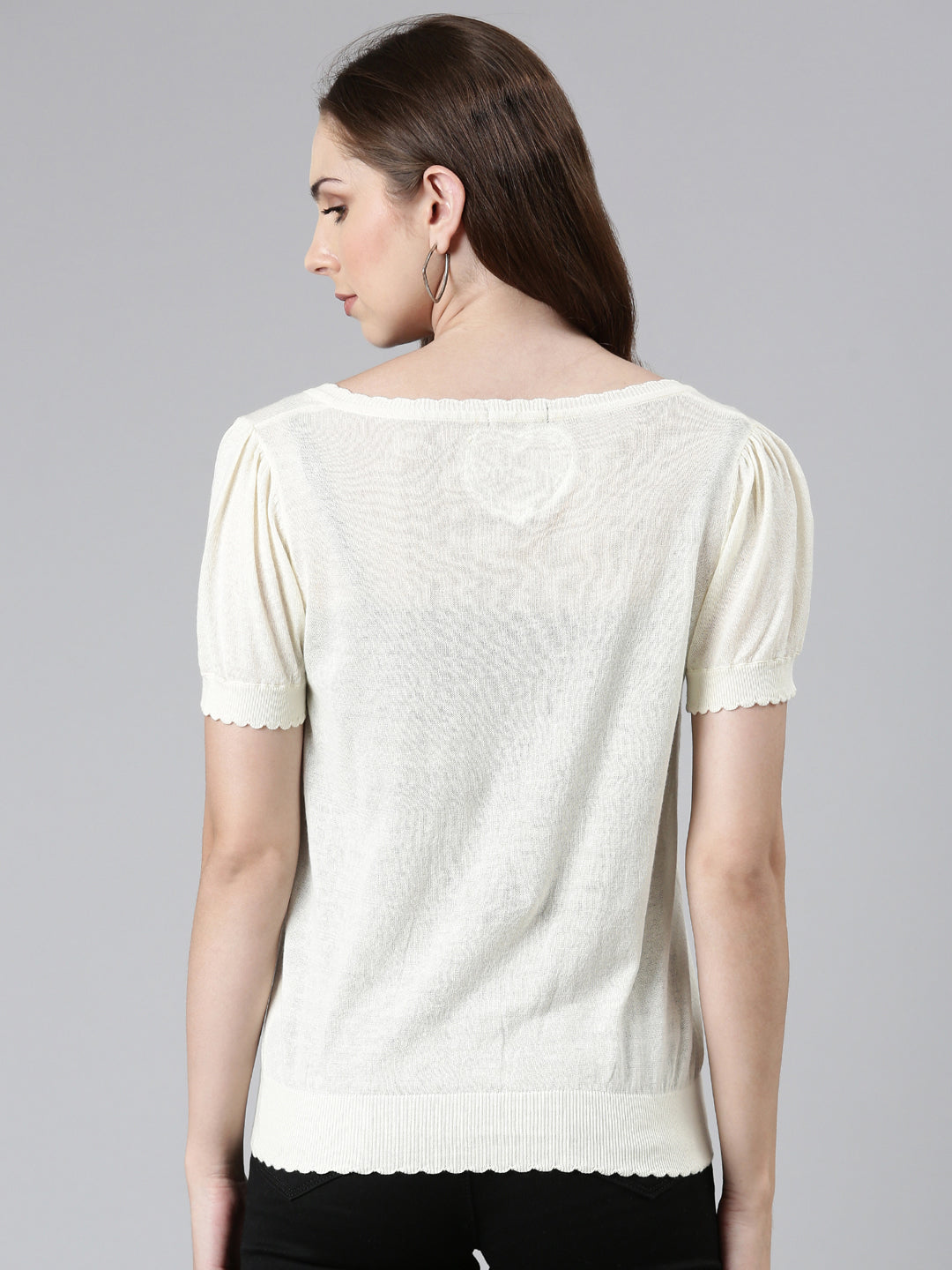 Scoop Neck Solid Puff Sleeves Regular Cream Top