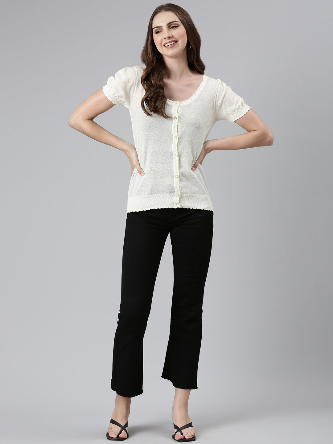 Scoop Neck Solid Puff Sleeves Regular Cream Top