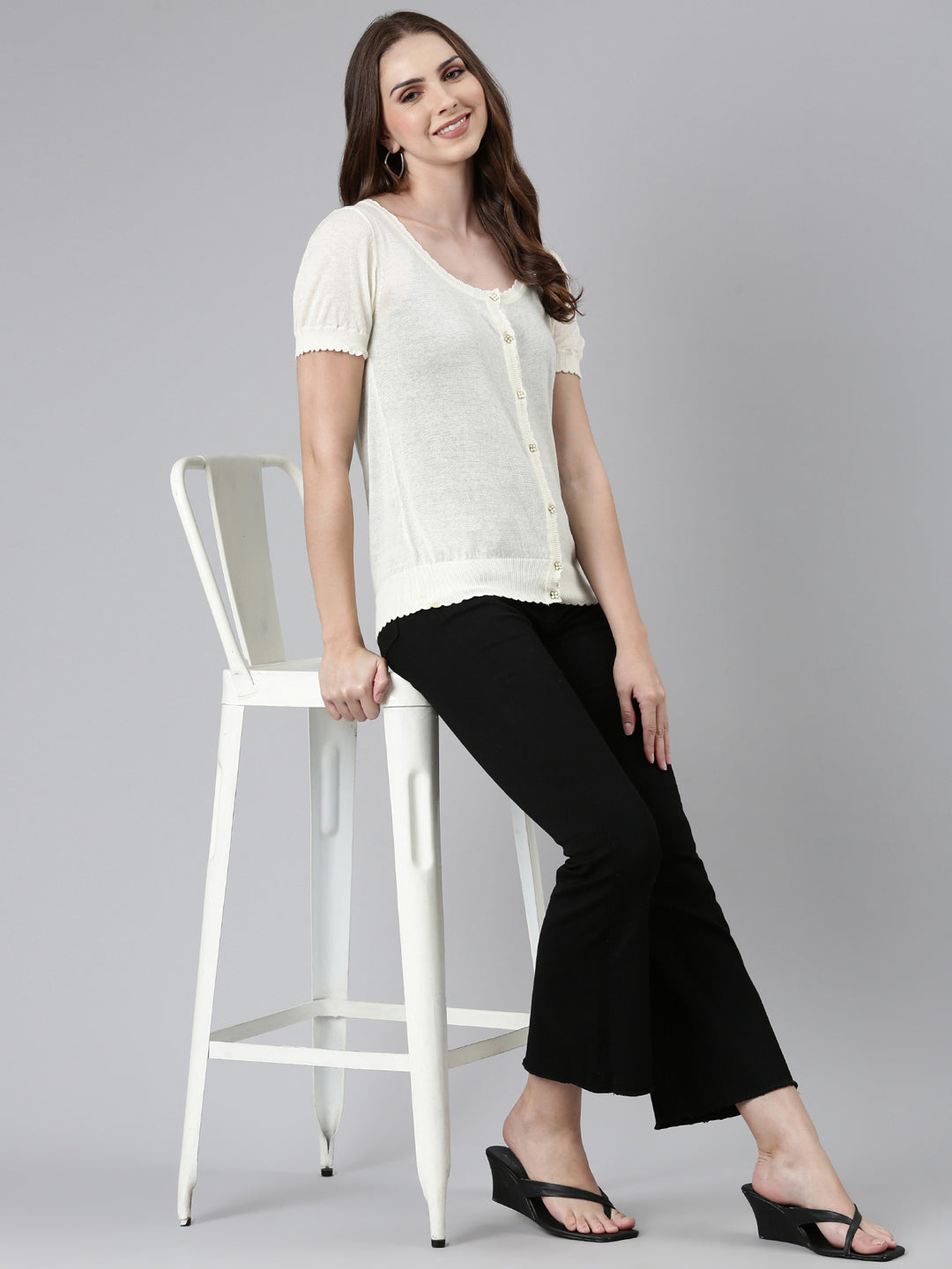 Scoop Neck Solid Puff Sleeves Regular Cream Top