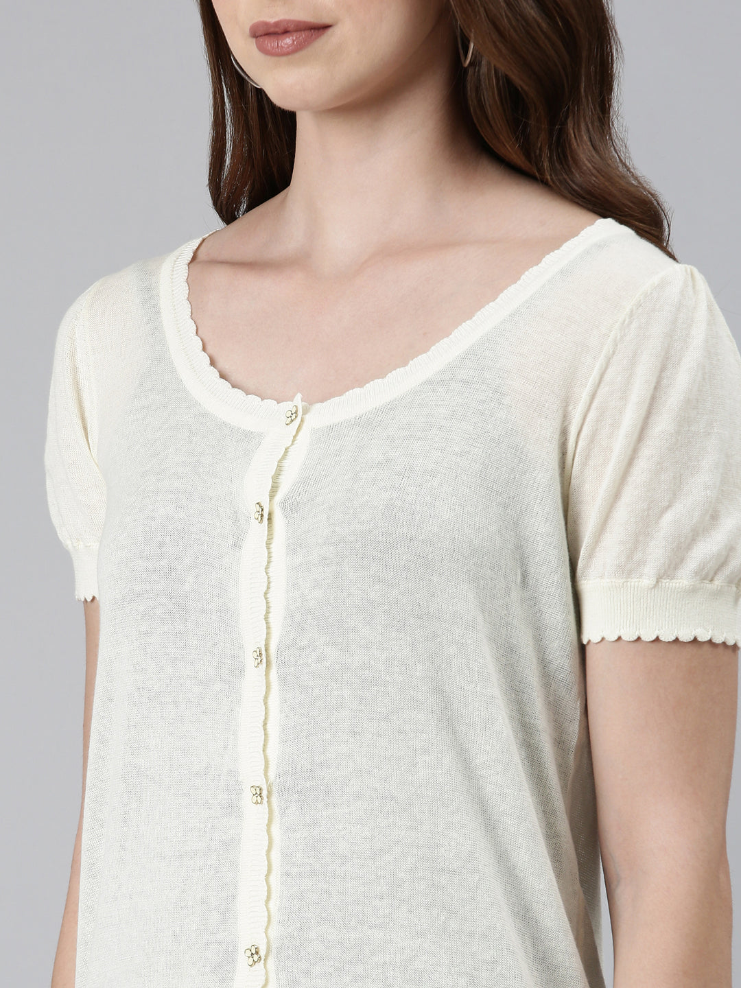 Scoop Neck Solid Puff Sleeves Regular Cream Top