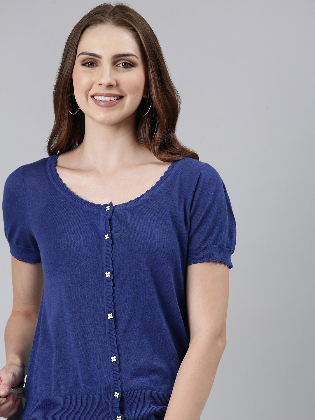 Scoop Neck Solid Puff Sleeves Regular Navy Blue Top