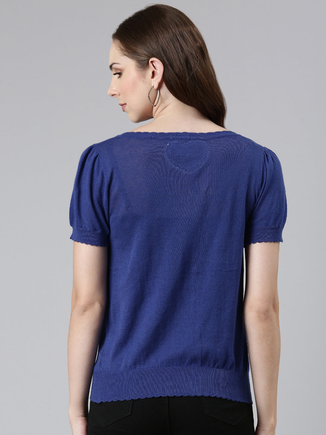 Scoop Neck Solid Puff Sleeves Regular Navy Blue Top