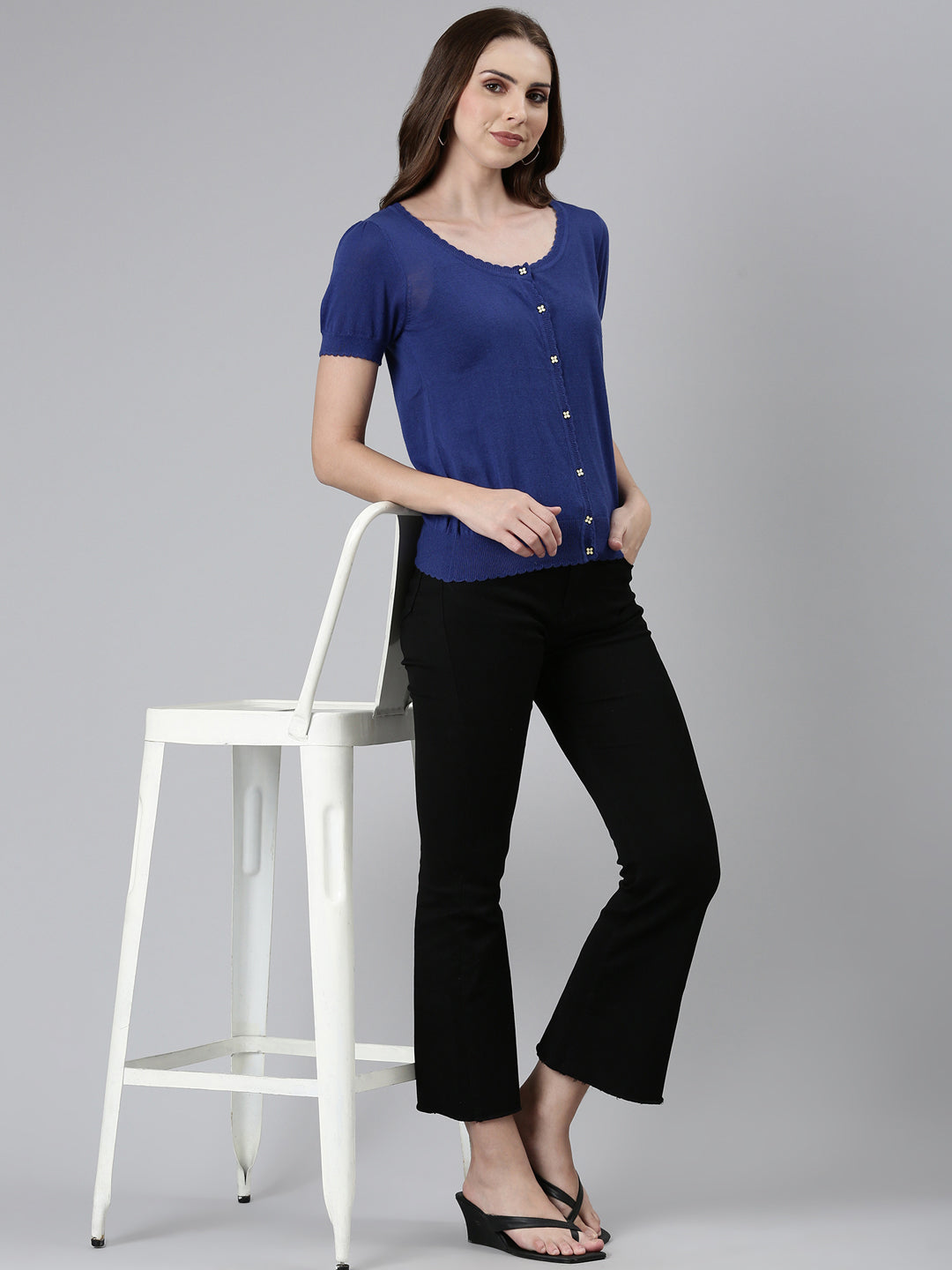 Scoop Neck Solid Puff Sleeves Regular Navy Blue Top