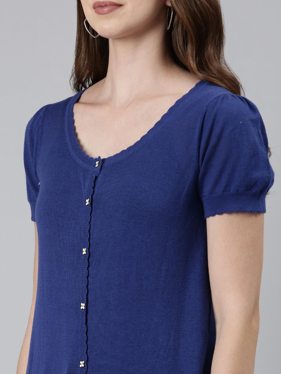 Scoop Neck Solid Puff Sleeves Regular Navy Blue Top