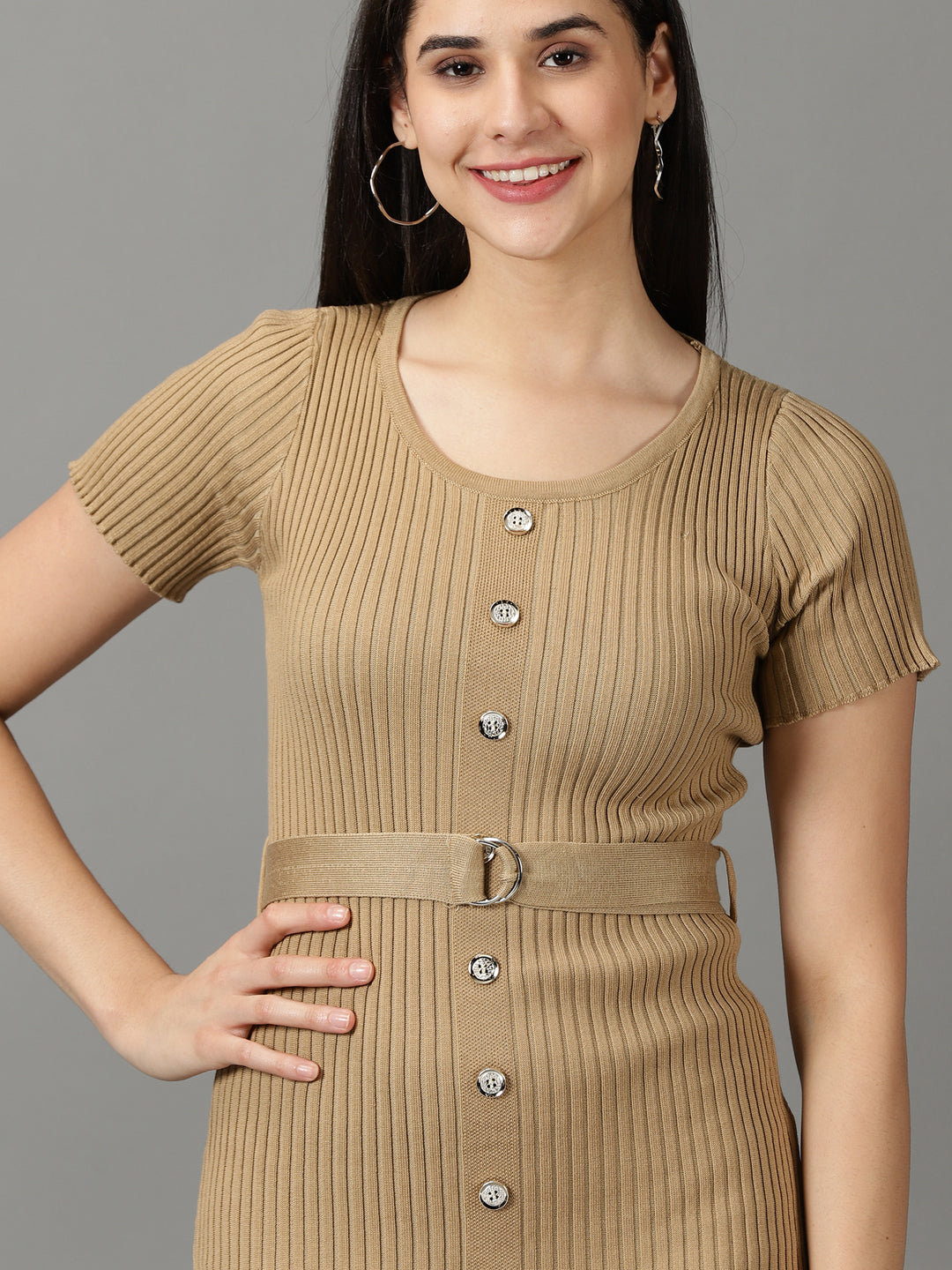 Women's Khaki Solid Bodycon Dress