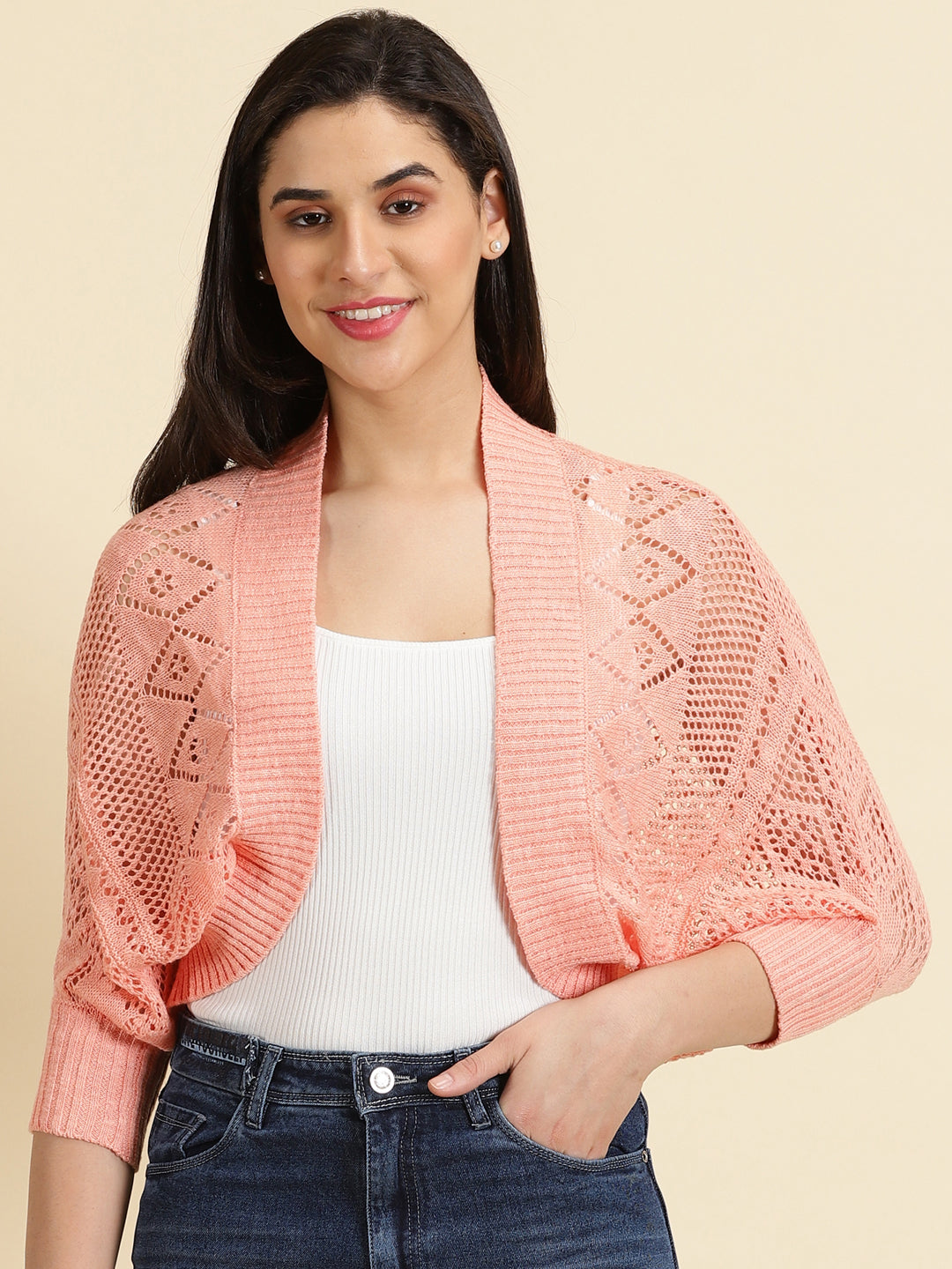 Women's Peach Solid Shrug