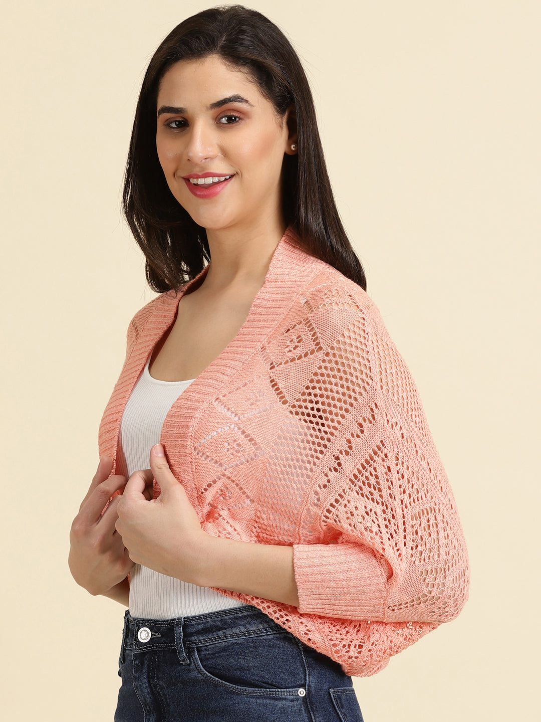 Women's Peach Solid Shrug