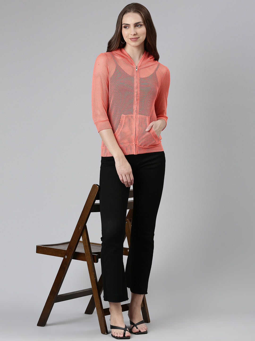 Women's Coral Crop Self Design Tailored Jacket