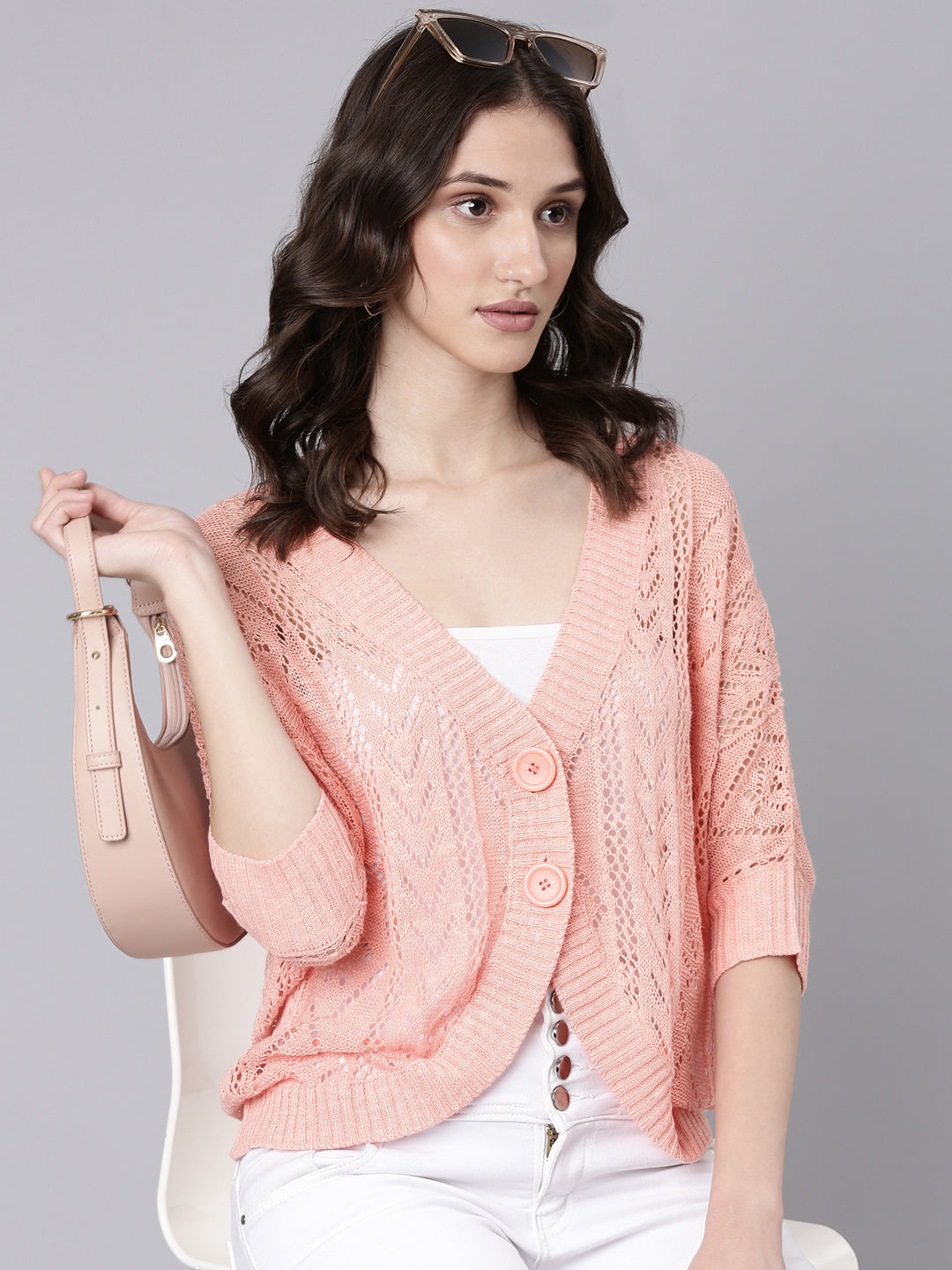 Women Peach Solid Shrug