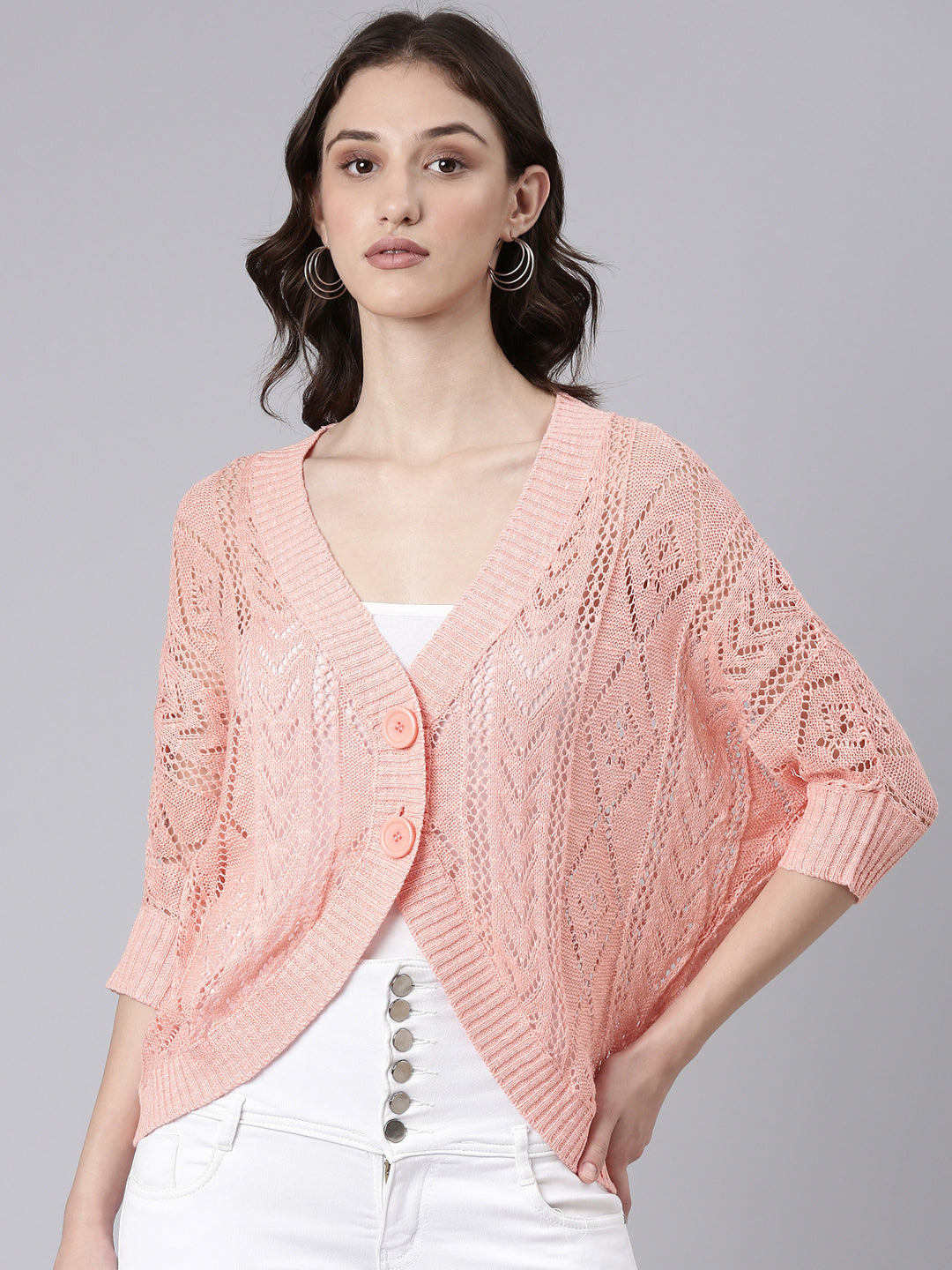 Women Peach Solid Shrug