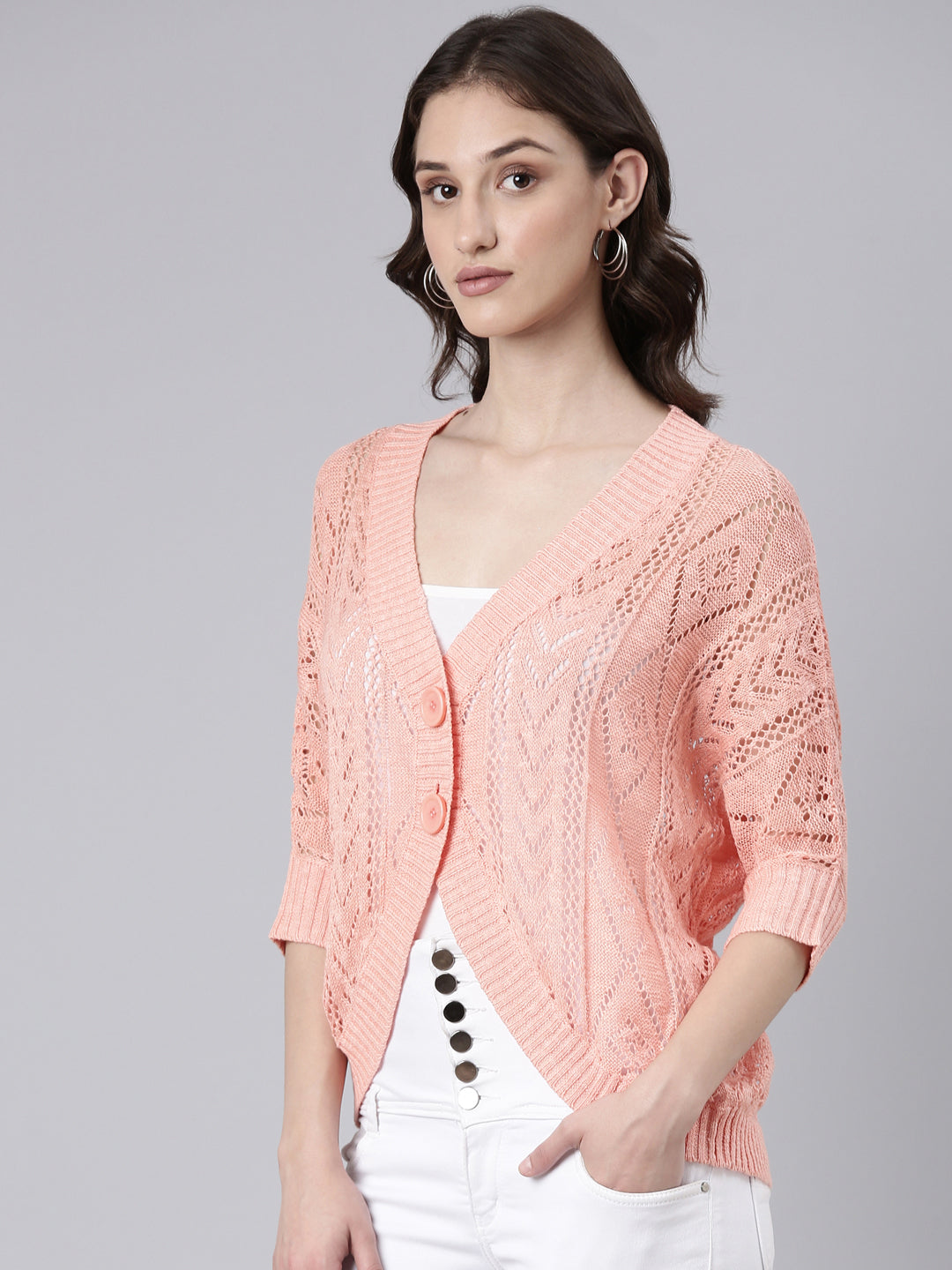 Women Peach Solid Shrug