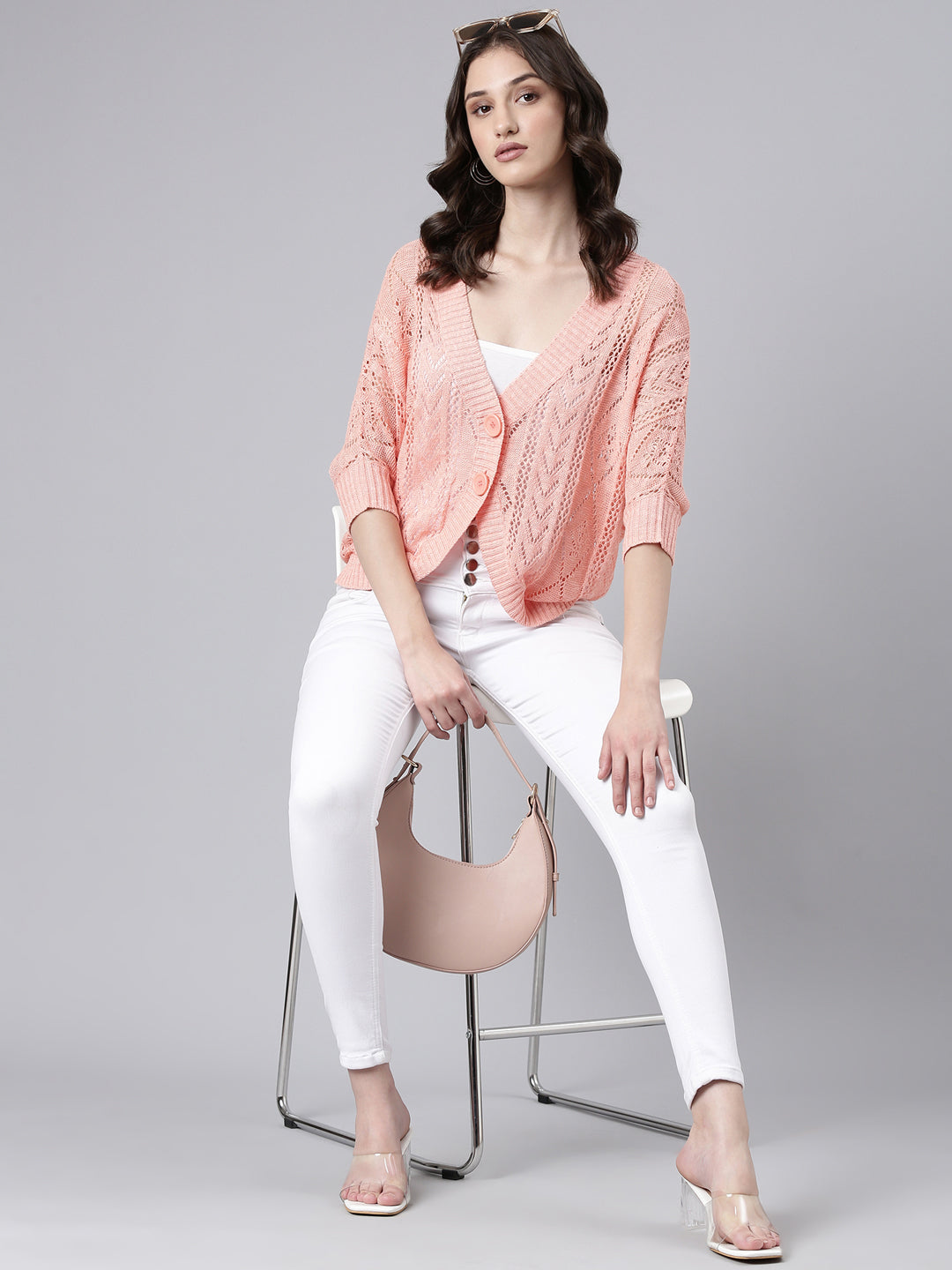 Women Peach Solid Shrug