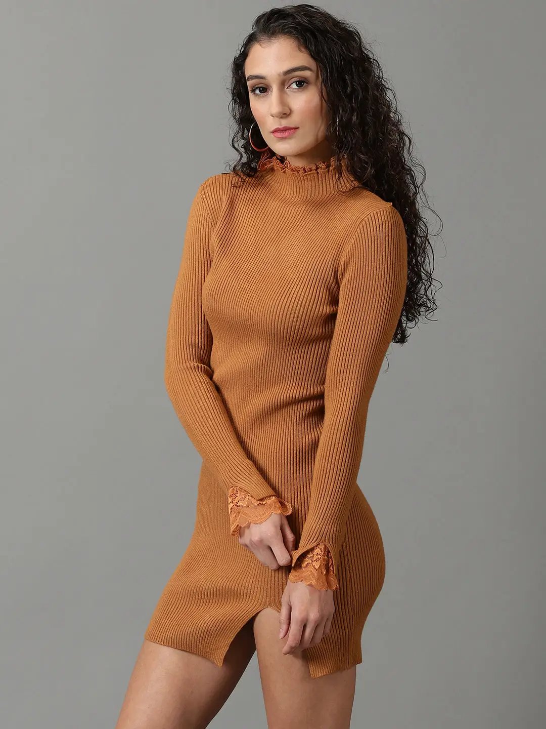 Women's Brown Solid Bodycon Dress
