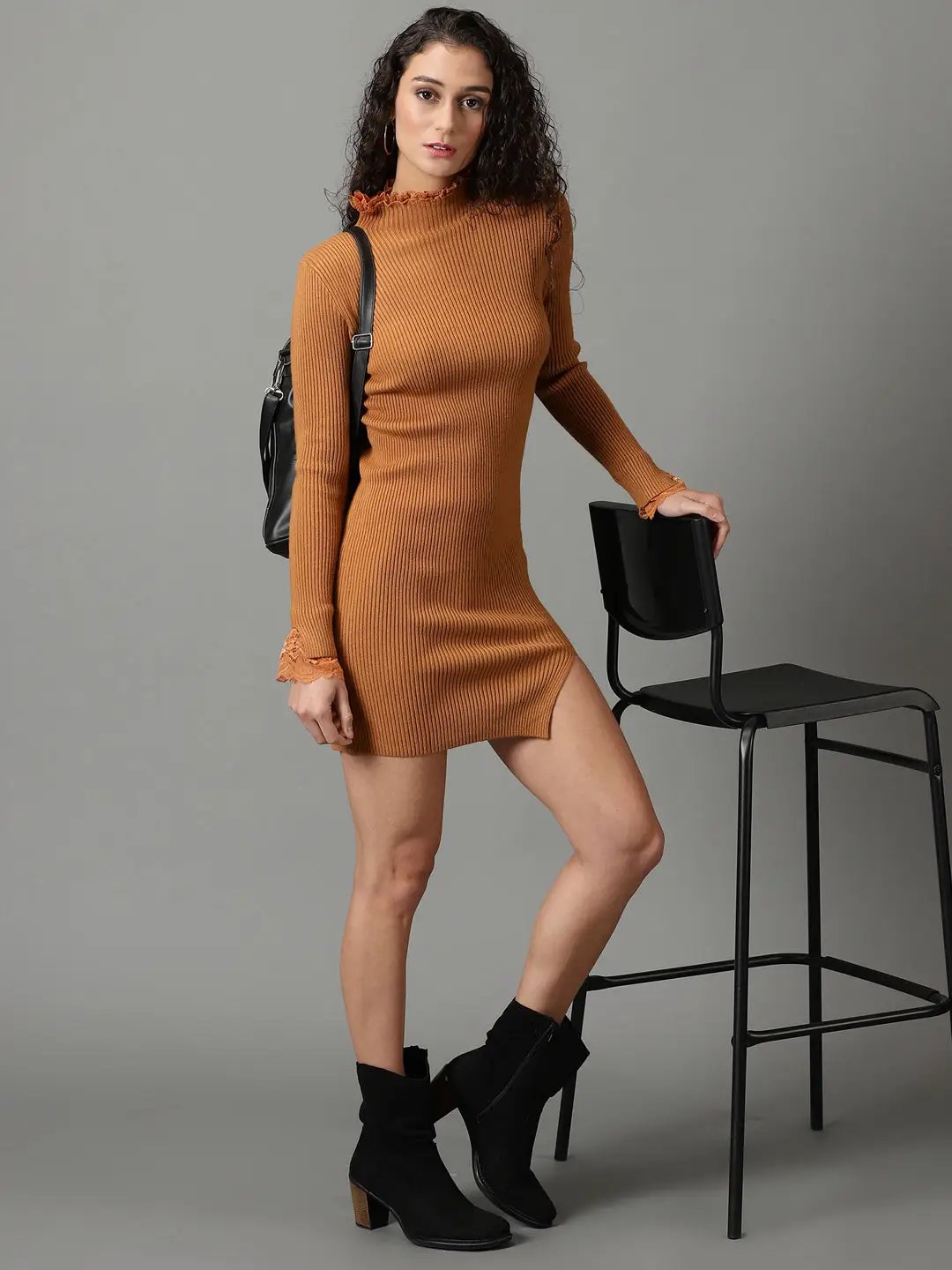 Women's Brown Solid Bodycon Dress