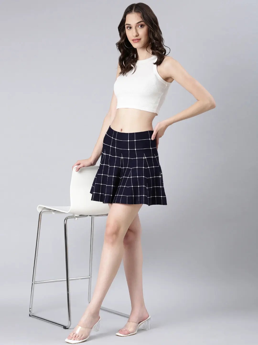 Women's Navy Blue Printed Flared Skirt