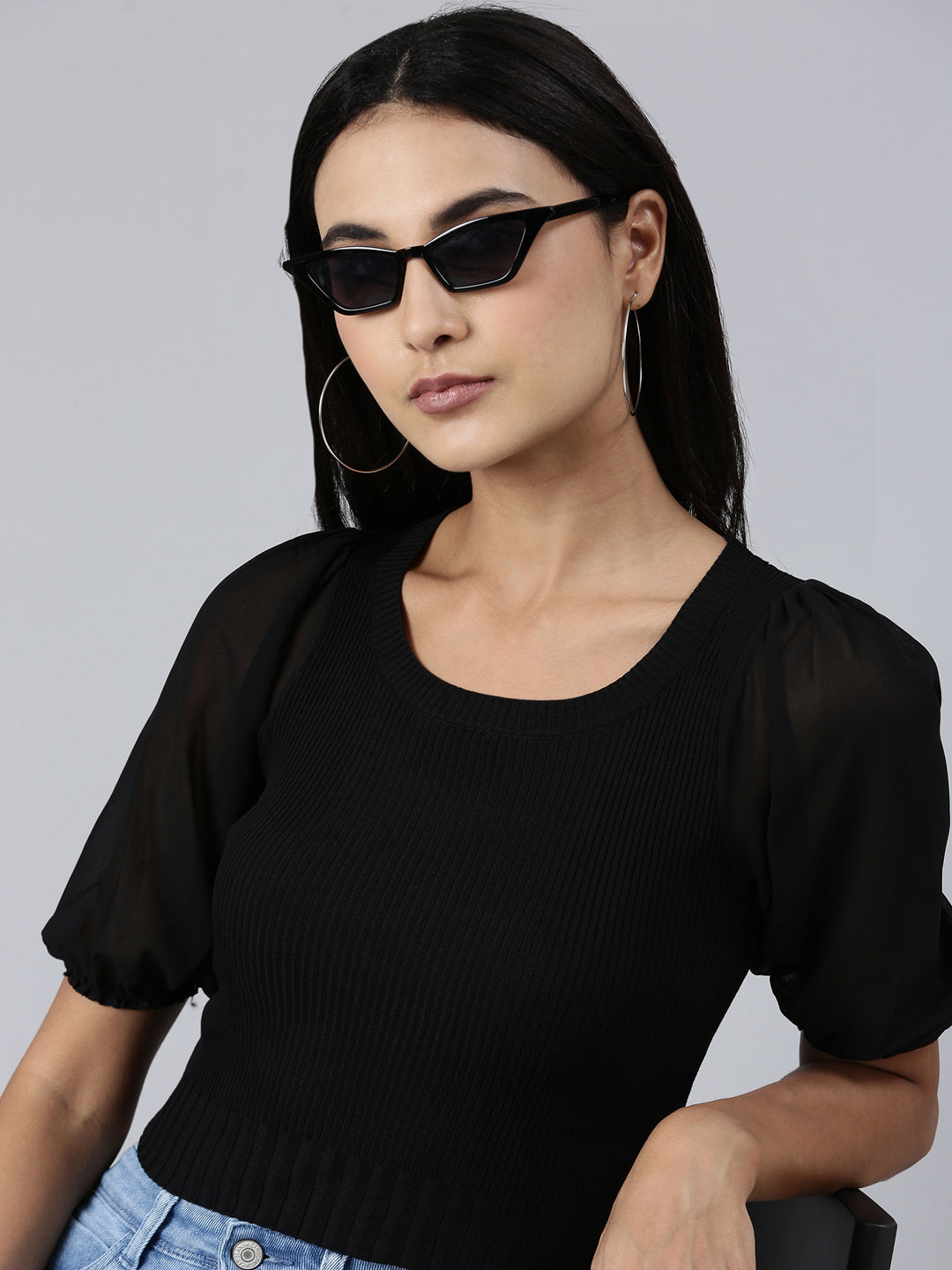 Women Black Solid Fitted Crop Top