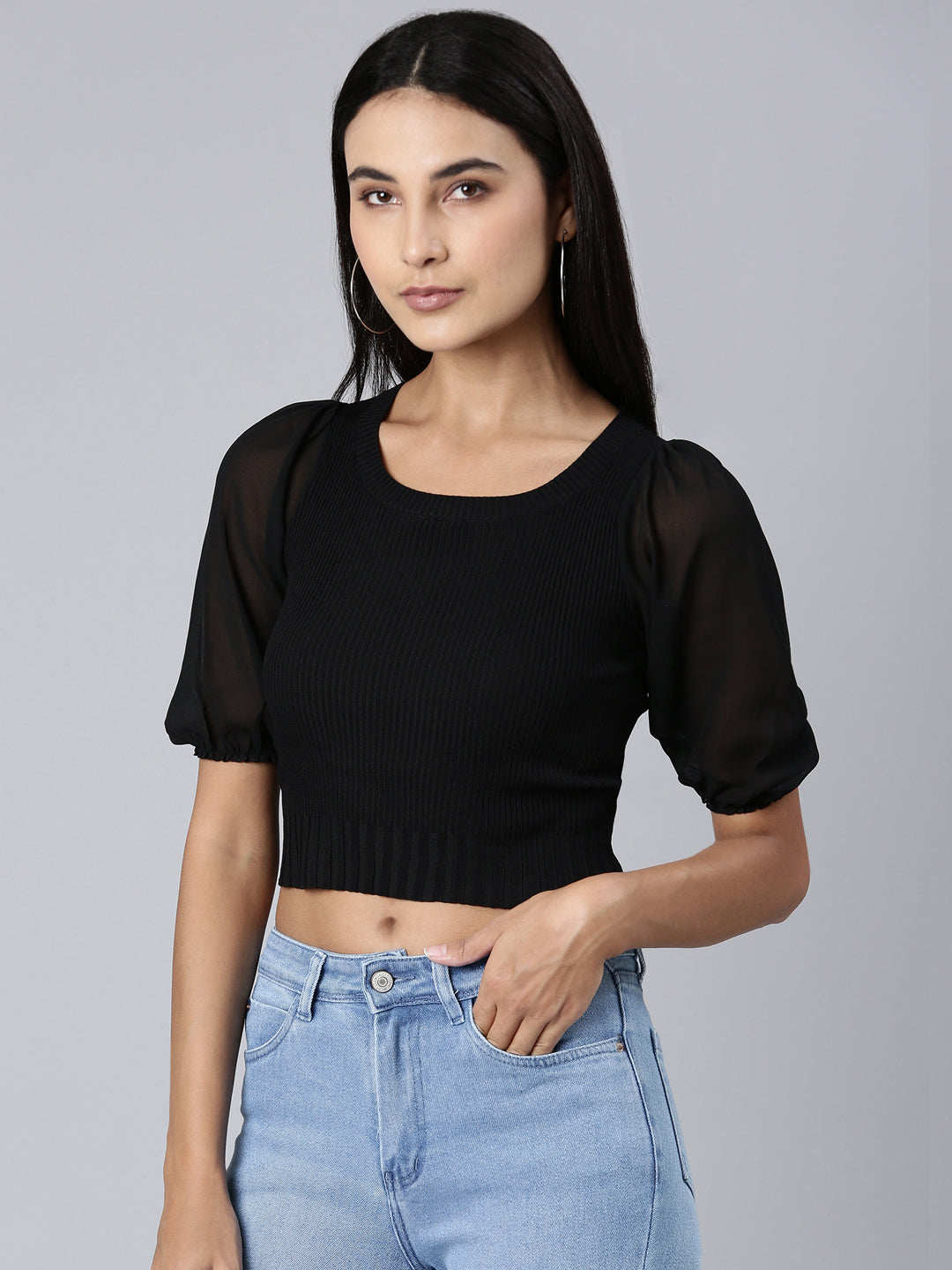 Women Black Solid Fitted Crop Top