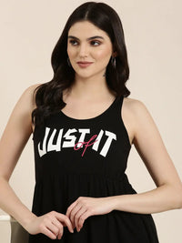 Women's Black Typography Printed Sleeveless Cotton A-Line Dress