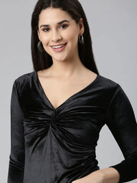 Women's Black V Neck Velvet Sheath Dress