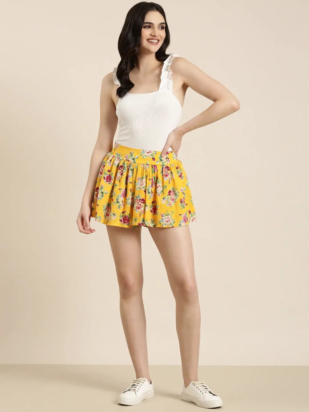 Women's Yellow Printed Shorts