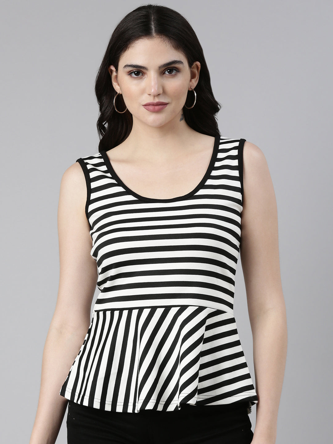 Scoop Neck Striped Sleeveless Peplum Black Top