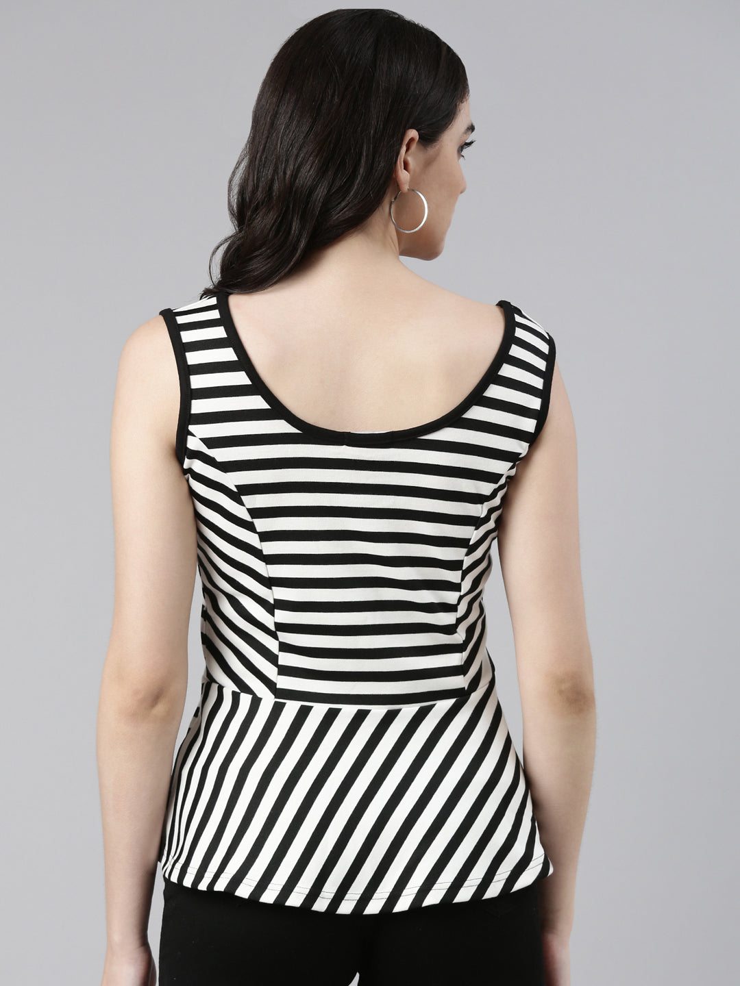 Scoop Neck Striped Sleeveless Peplum Black Top