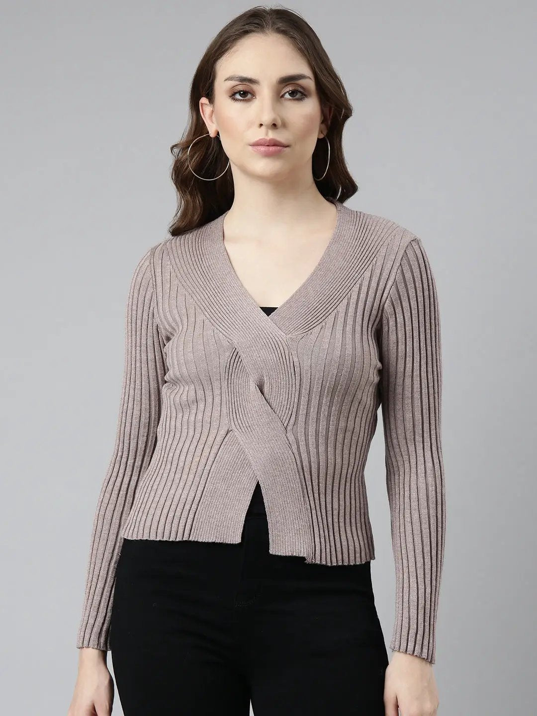 Women's Grey Solid Fitted Top