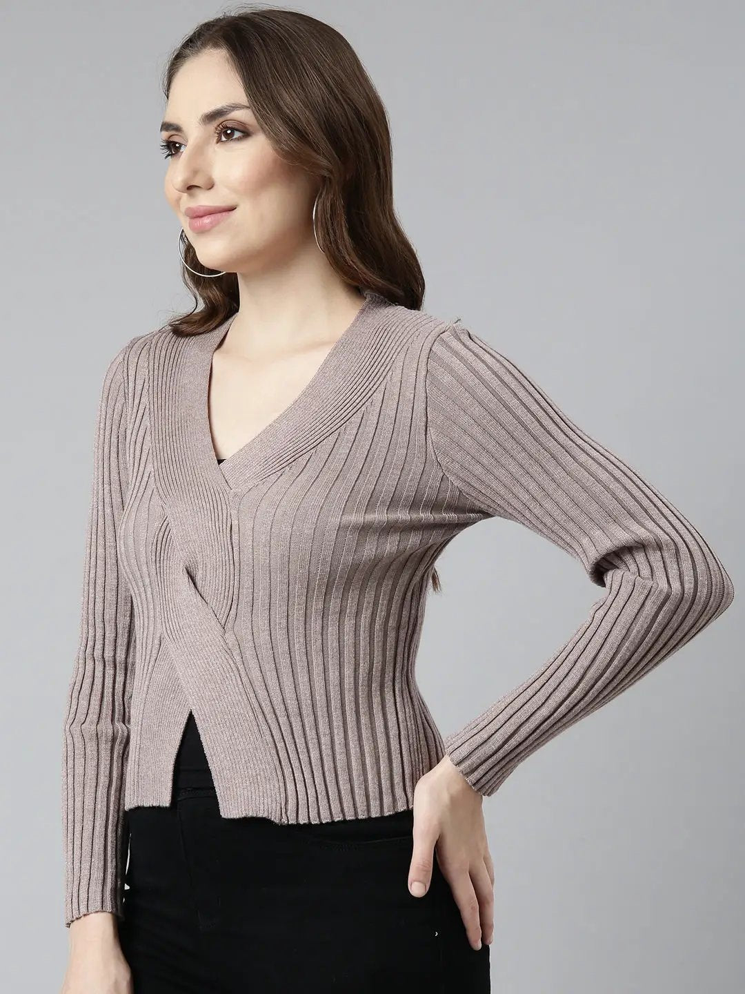 Women's Grey Solid Fitted Top