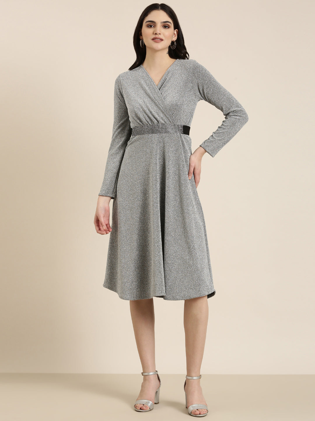 Women's Silver Embellished Wrap Dress