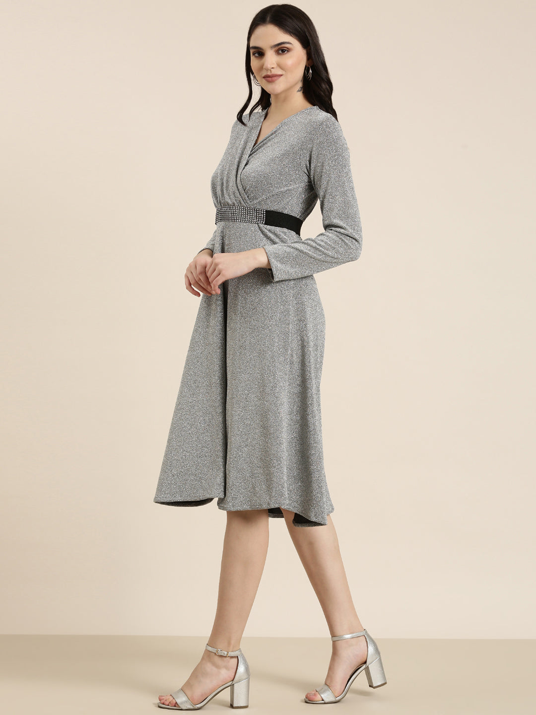 Women's Silver Embellished Wrap Dress