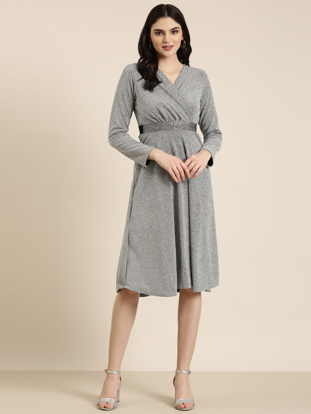 Women's Silver Embellished Wrap Dress