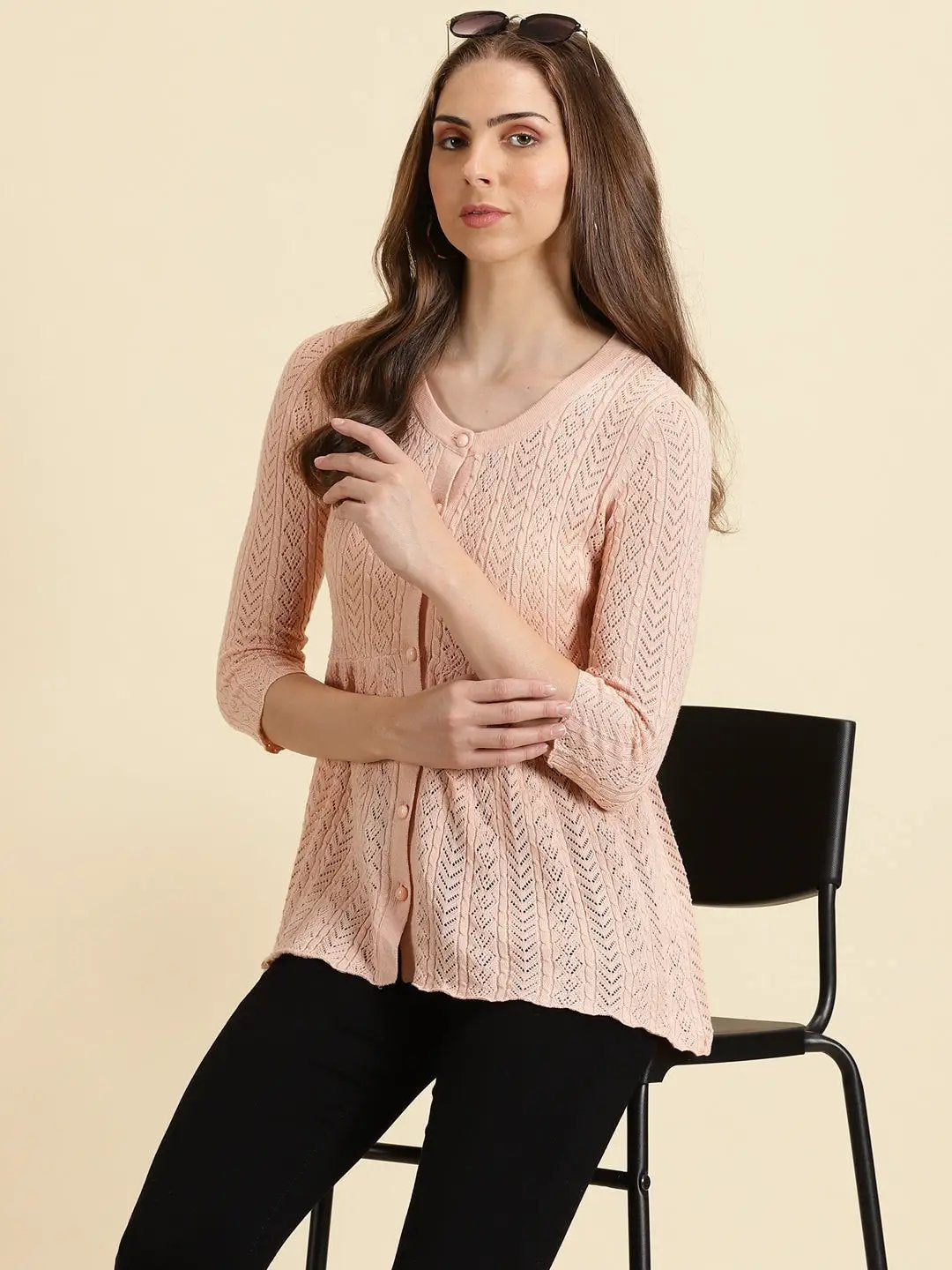 Women's Peach Solid Peplum Longline Top